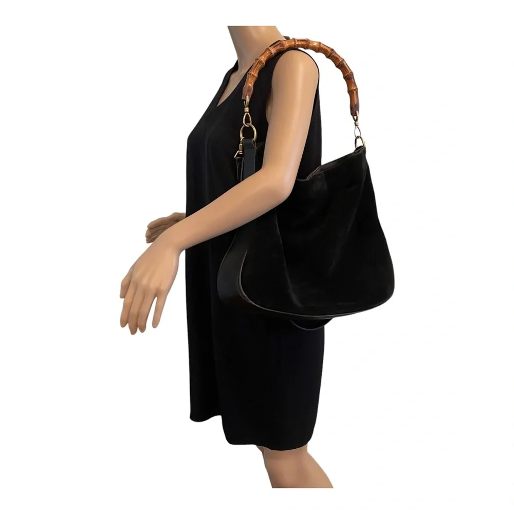 Gucci Suede Leather Bamboo Handle bag w/Strap Black Vintage - Picture 2 of 16